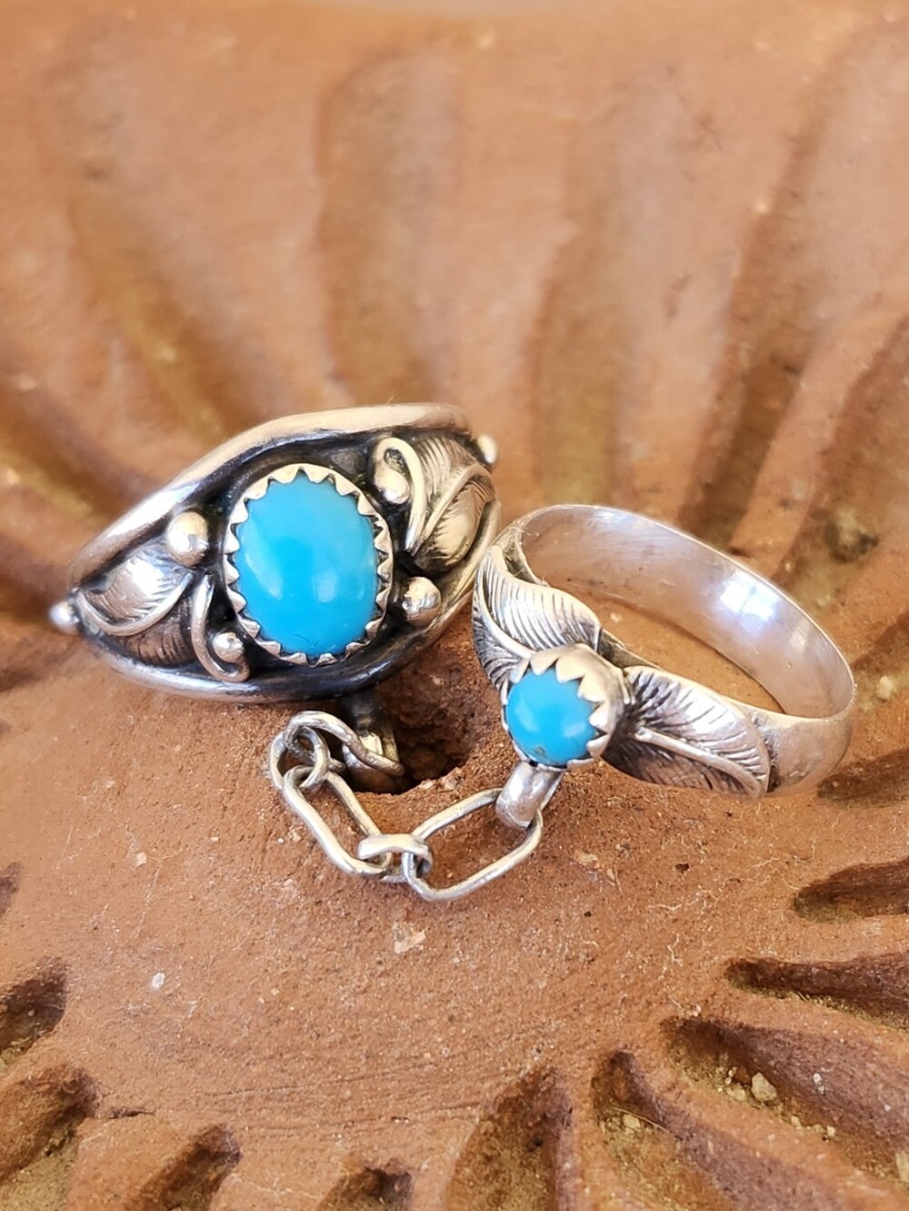 Vintage Native American Sterling Turquoise Slave Two Ring Signed Midi / Chain